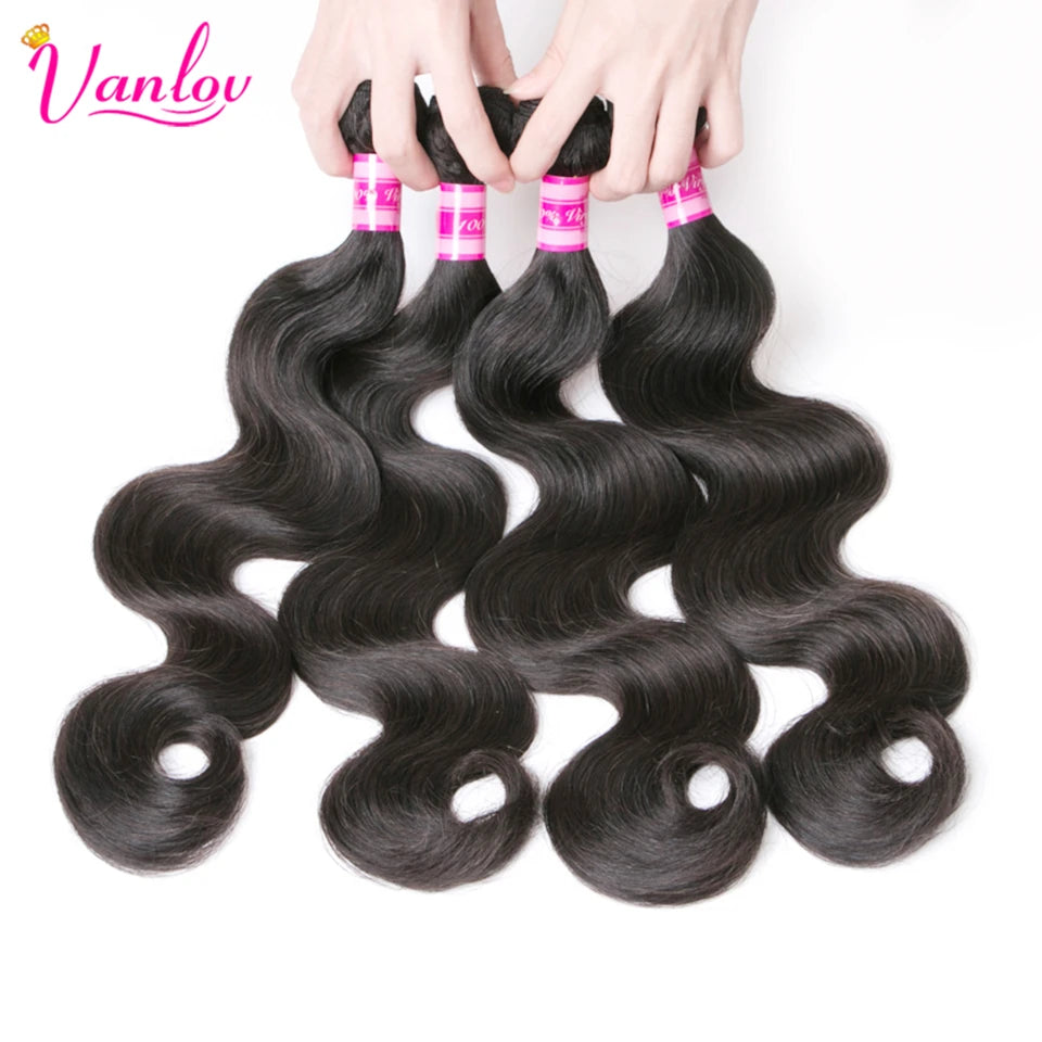 Vanlov Brazilian Body Wave Hair Bundles Human Hair Weave Bundles Natural Black/Jet Black 1/3/4 Piece 8-30” Remy Hair Extensions