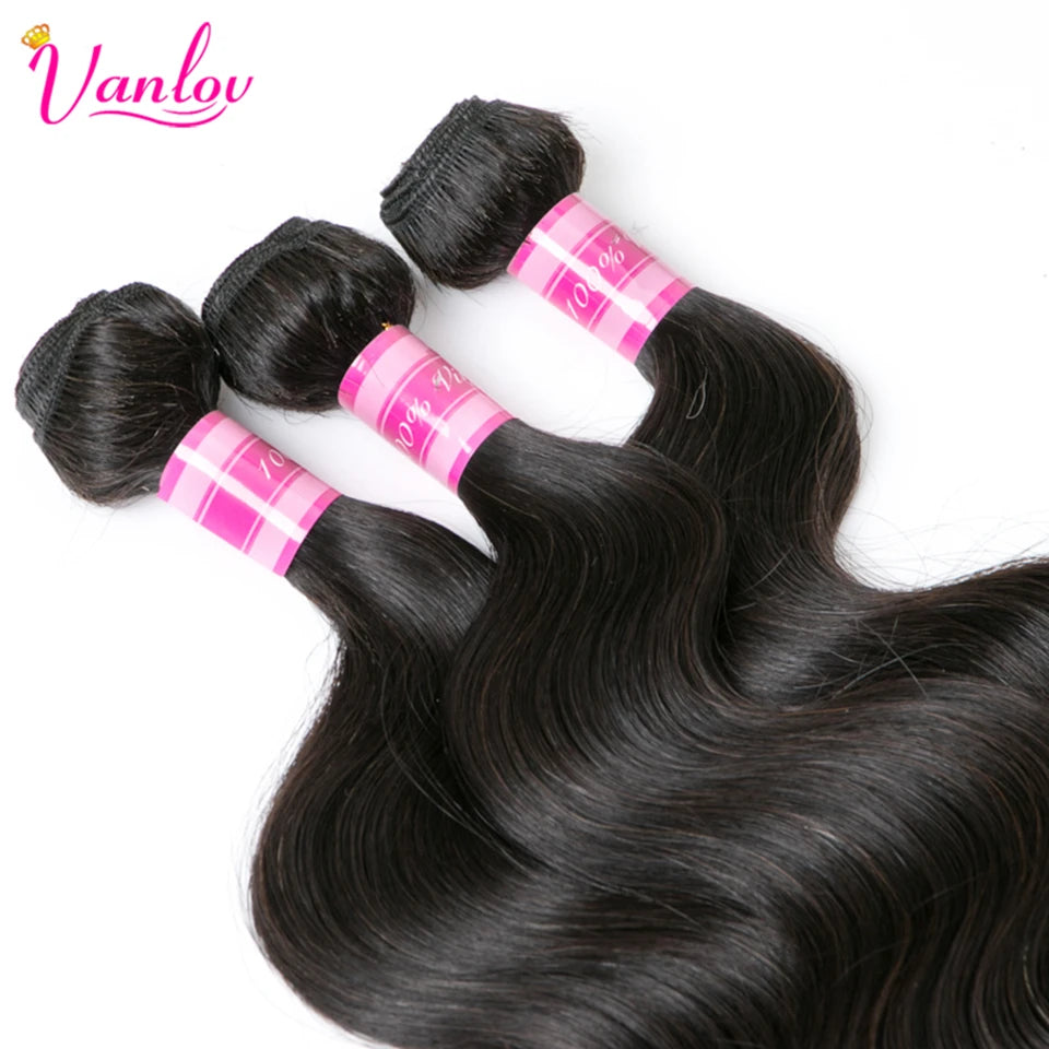 Vanlov Brazilian Body Wave Hair Bundles Human Hair Weave Bundles Natural Black/Jet Black 1/3/4 Piece 8-30” Remy Hair Extensions