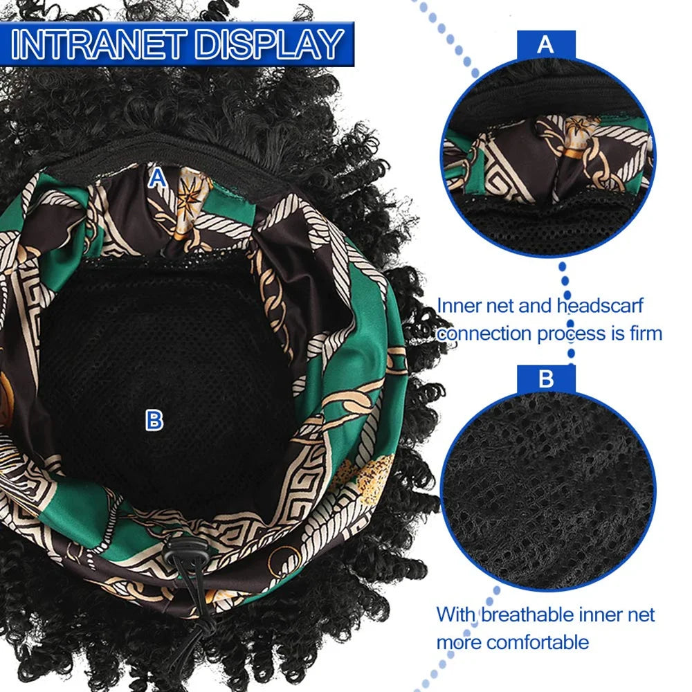 Short Afro Curly Wigs with Bangs Wrap Headband Wigs 2 in 1 Synthetic Turban Wig Afro Scarf Wig 4inch Natural Curly Cosplay Wig