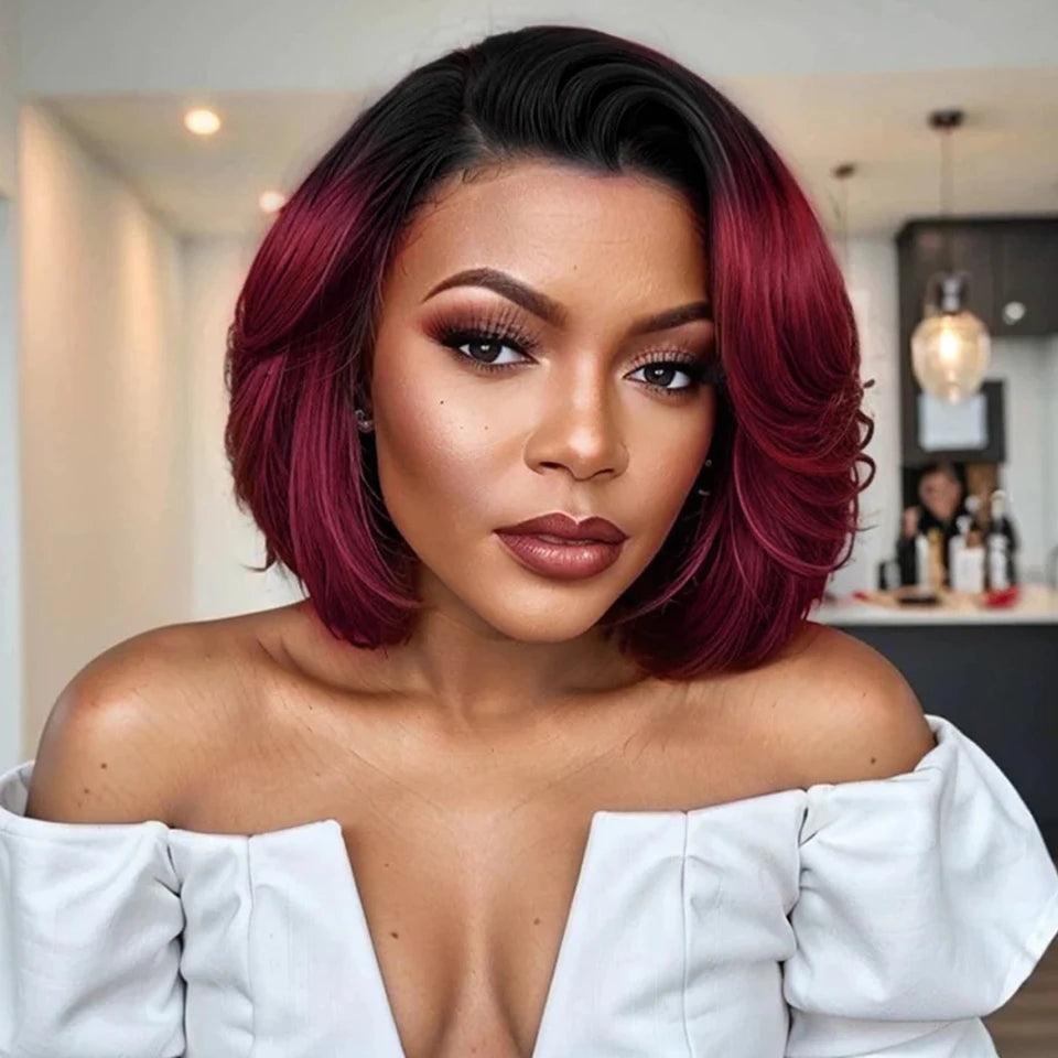 Sleek Burgundy Short Bob Wig With Bangs Side Part Bob Human Hair Wigs For Black Women Colored 99J Brown Brazilian Hair Wigs