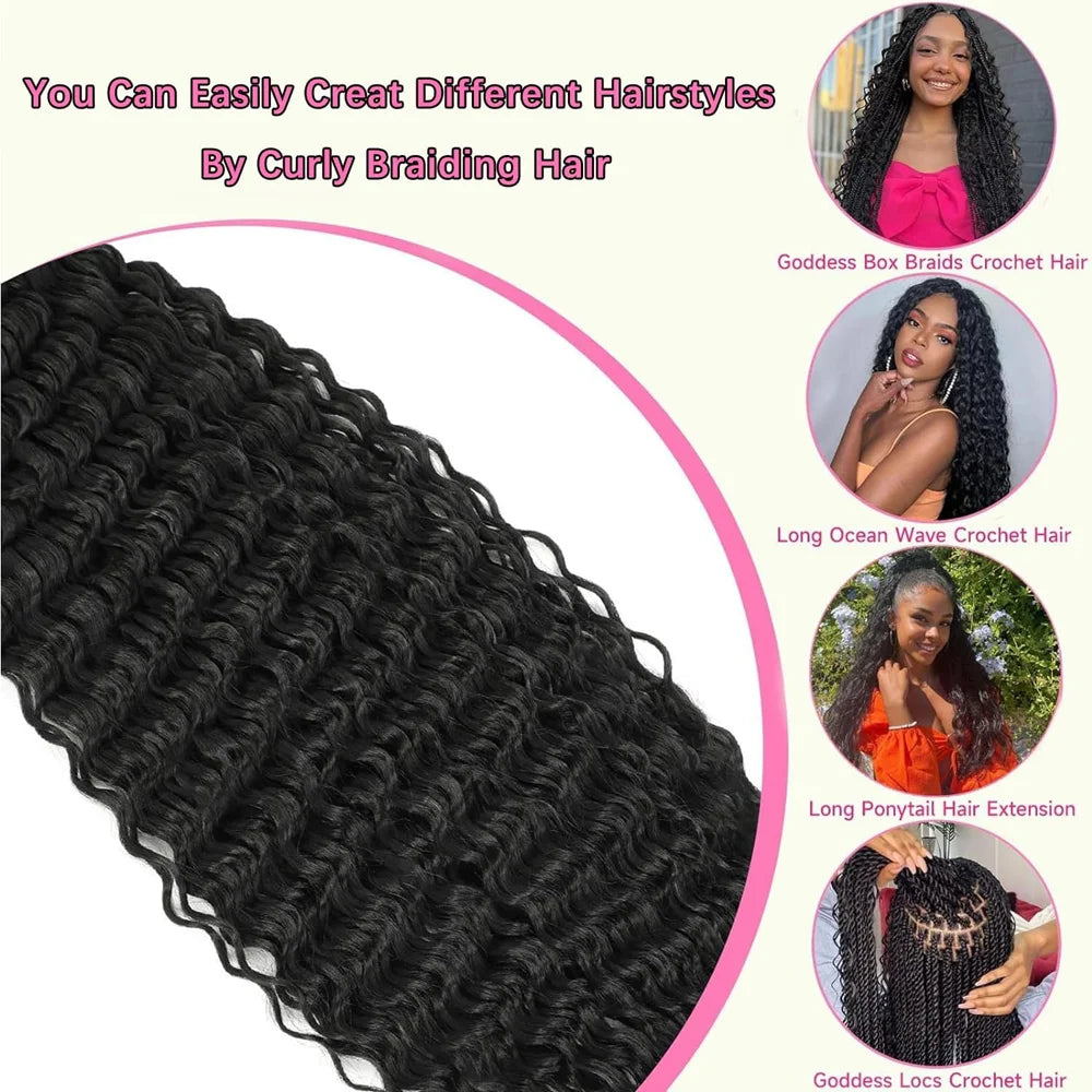 30 inch Long Black Deep Wave Curly Braiding Hair 1/2/3packs Synthetic Ocean Wave Crochet Hair Soft Curly Crochet Hair For Women