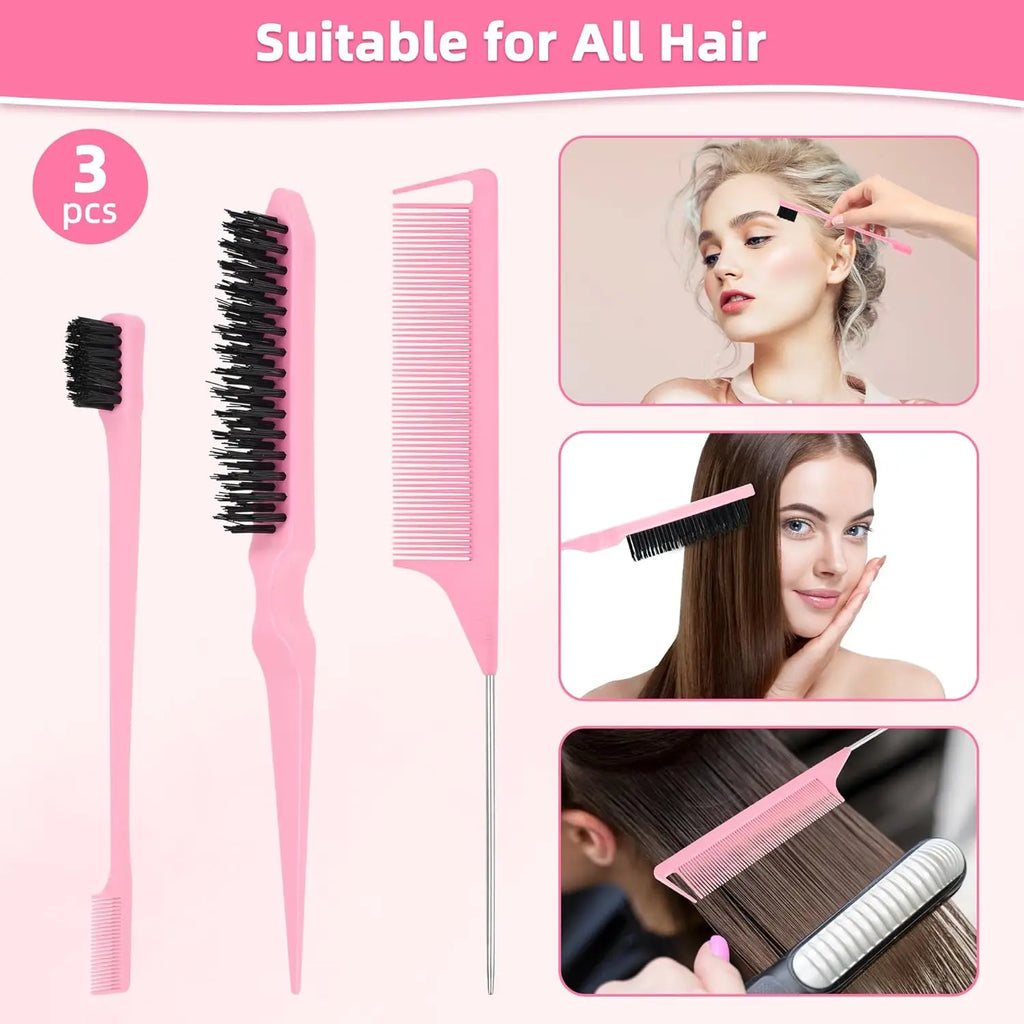 2025 New 14 Pcs Slick Back Hair Brush Set, Bristle Hair Brush with Spray Bottle,Hair Clip,Edge Brush for Women(Pink)