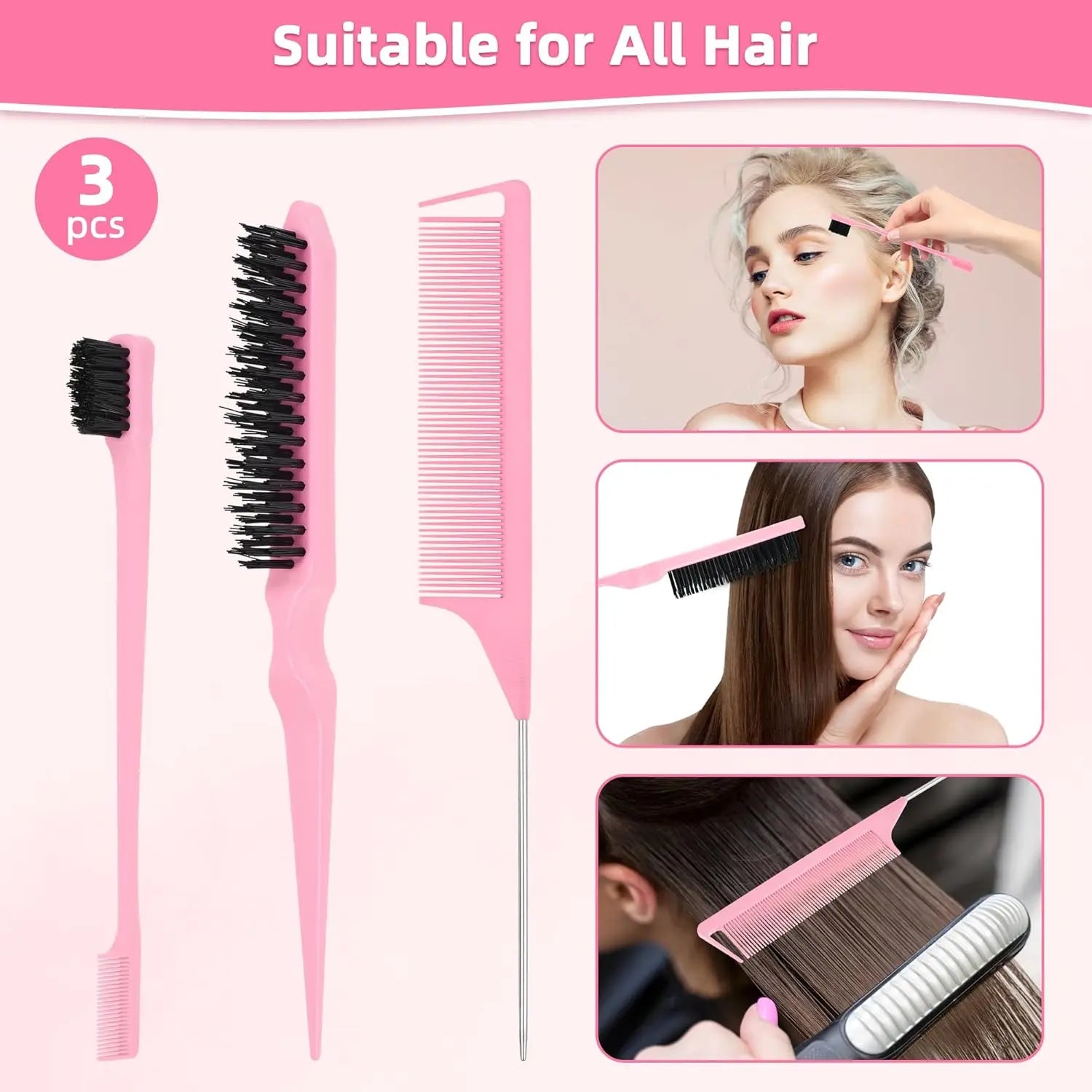 2025 New 14 Pcs Slick Back Hair Brush Set, Bristle Hair Brush with Spray Bottle,Hair Clip,Edge Brush for Women(Pink)