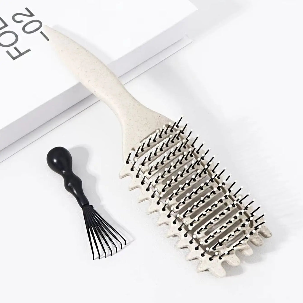 2pcs hollowed out curly hair styling brush with comb cleaner set,reducing frizz and breakage Special for real hair wigs