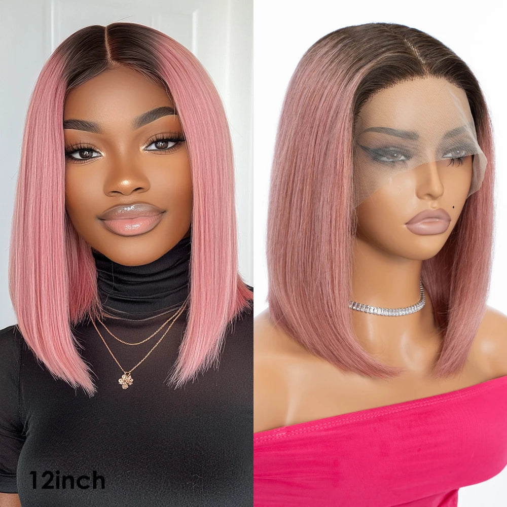 Sleek Ombre Pink Transparent Short T Lace Bob Human Hair Wigs Peruvian Straight 13x6x2 Lace Front Wig For Women Pre Plucked
