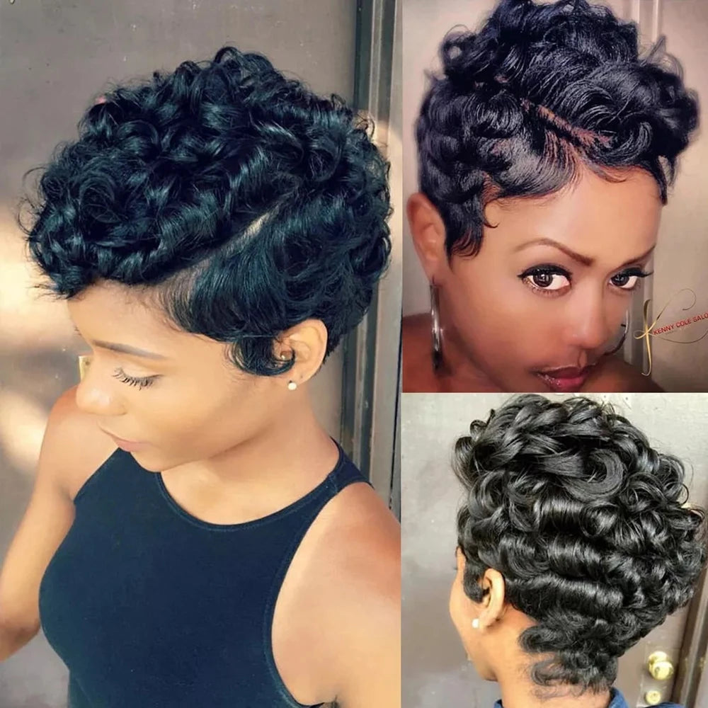 13x4 Short Bob Wig Pixie Cut Curly 100% Human Hair Wig Lace Frontal Human Hair Wigs 180% Density Natural Color for Black Women