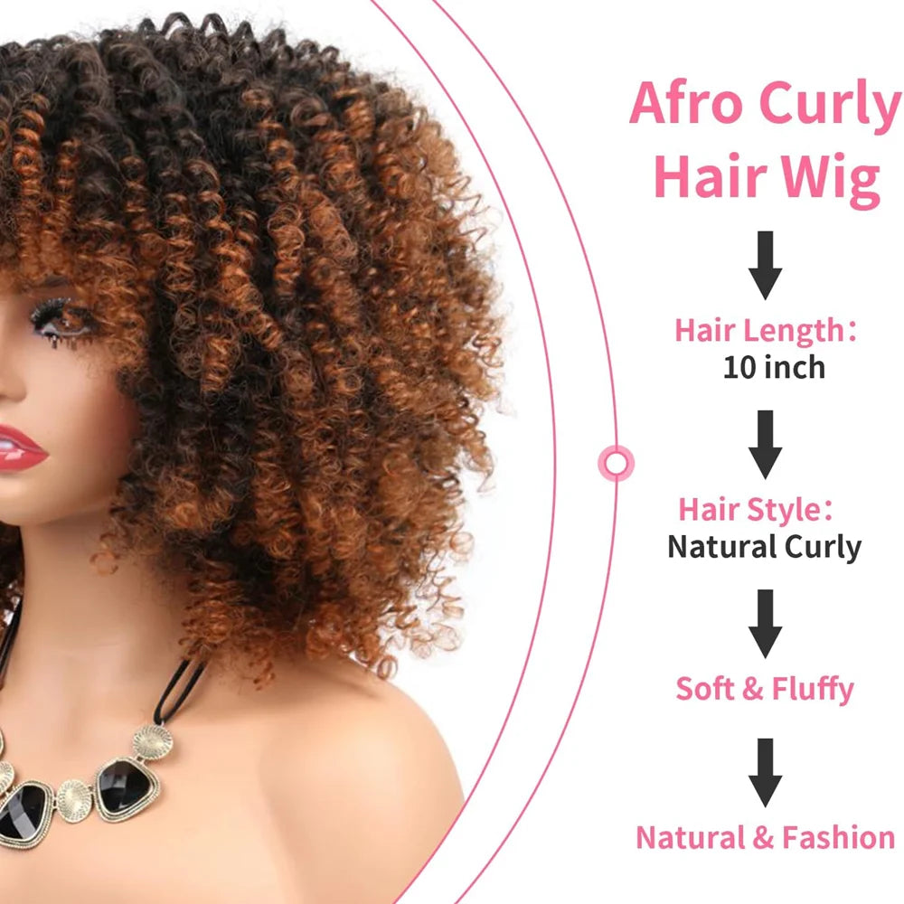 10Inch Short Curly Afro Wigs with Bangs Bomb Afro Kinky Curly Wig Synthetic Fiber Full Wig Natural Looking for Women Christmas