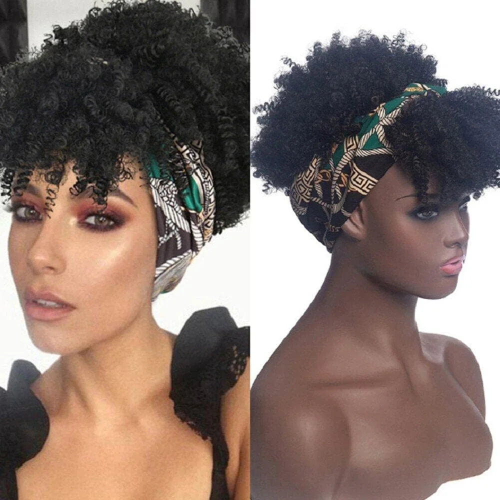 Short Afro Curly Wigs with Bangs Wrap Headband Wigs 2 in 1 Synthetic Turban Wig Afro Scarf Wig 4inch Natural Curly Cosplay Wig