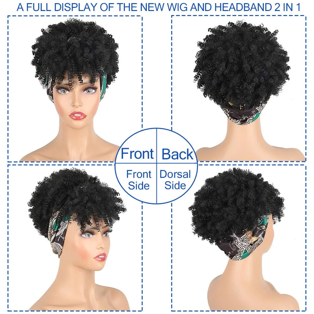 Short Afro Curly Wigs with Bangs Wrap Headband Wigs 2 in 1 Synthetic Turban Wig Afro Scarf Wig 4inch Natural Curly Cosplay Wig