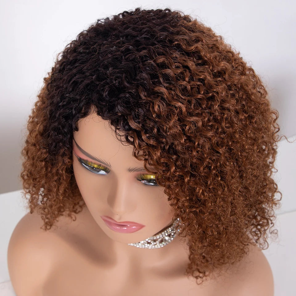 Sleek Afro Kinky Curly Human Hair Wigs Ombre Highlight Human Hair Wig With Bangs Colored Brazilian 4a Curly Bob Wig For Women