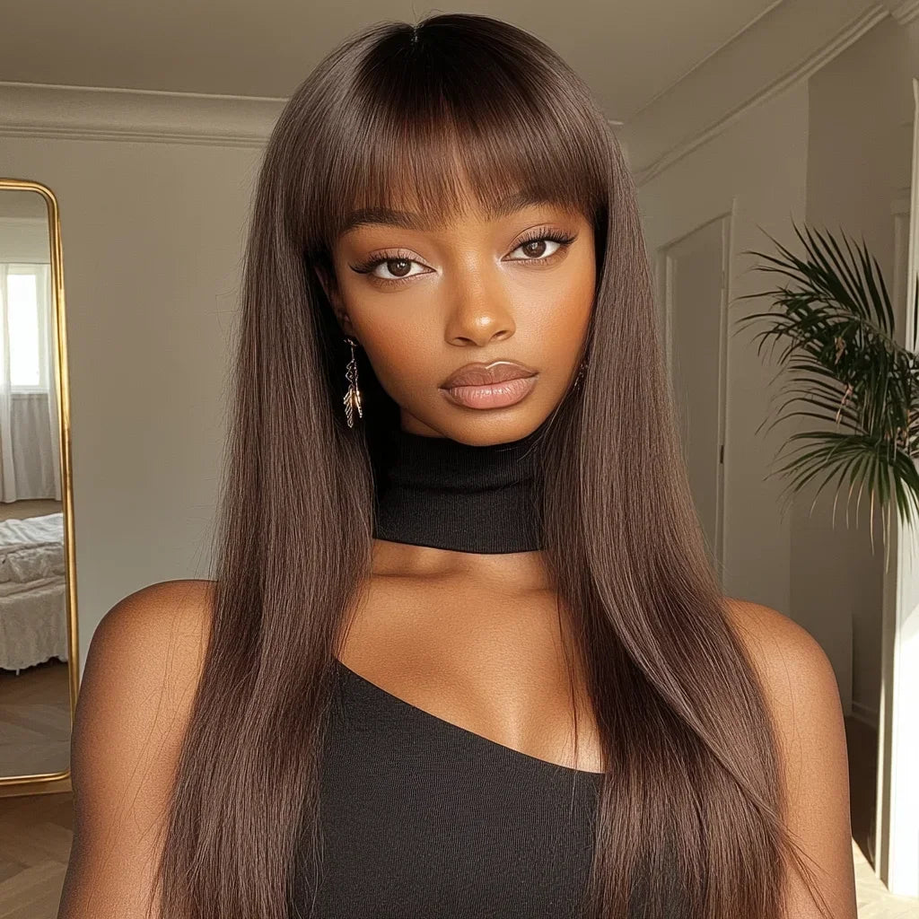 Sleek Natural Brown Long Straight 100% Human Hair Wig With Bangs For Women Brazilian Remy Hair Full Machine Made Daily Wigs