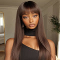 Sleek Natural Brown Long Straight 100% Human Hair Wig With Bangs For Women Brazilian Remy Hair Full Machine Made Daily Wigs