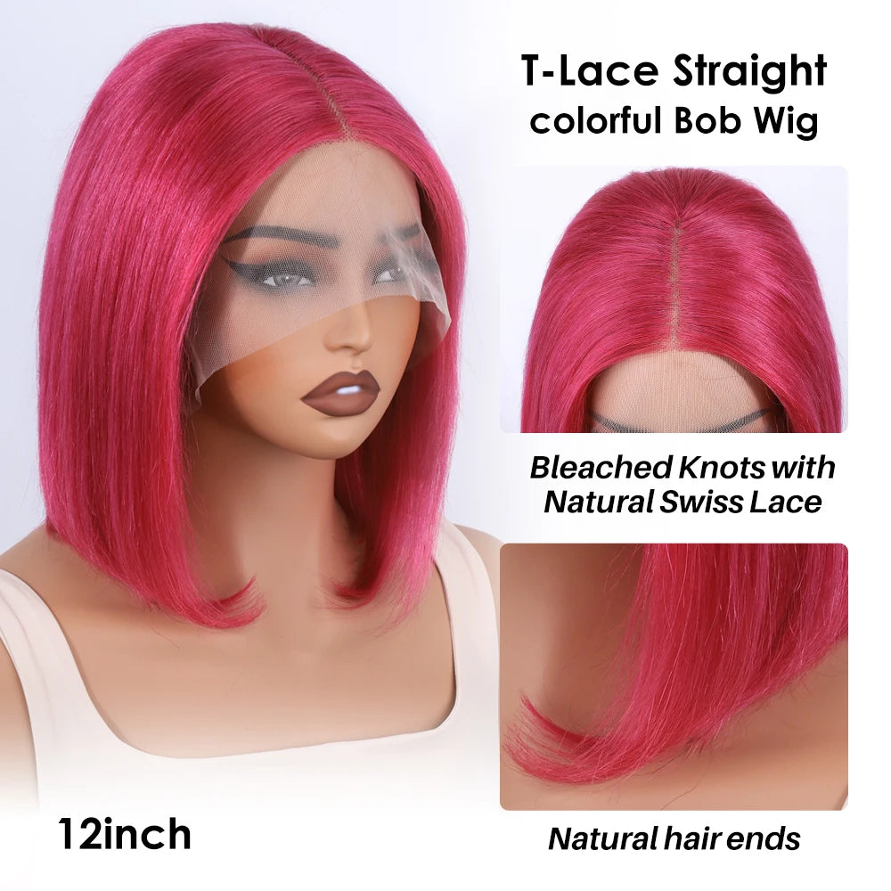 Sleek Ombre Pink Transparent Short T Lace Bob Human Hair Wigs Peruvian Straight 13x6x2 Lace Front Wig For Women Pre Plucked