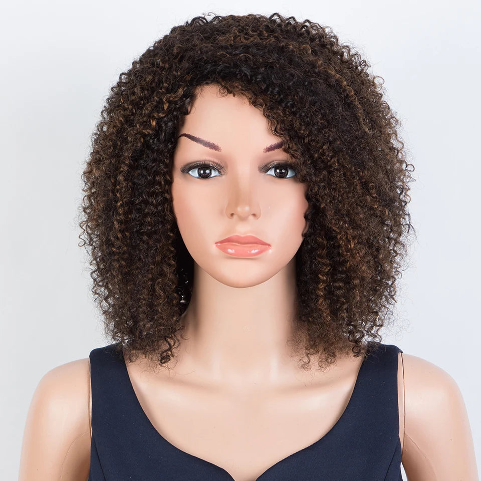 Sleek Peruvian Afro Kinky Curly Human Hair Wigs Human Hair Wig With Bangs Natural Black Jerry Curly Short Bob Wig For Women