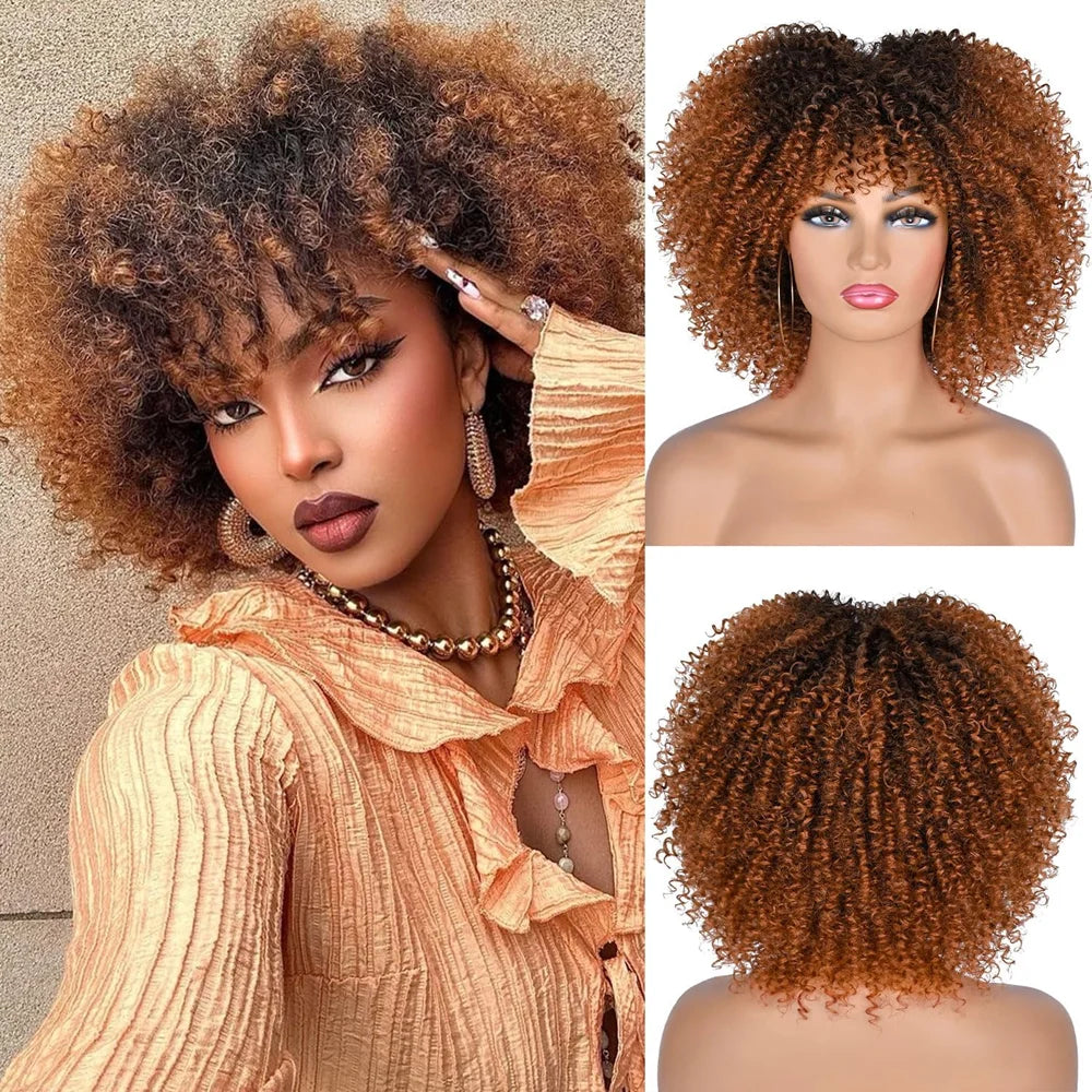 10Inch Short Curly Afro Wigs with Bangs Bomb Afro Kinky Curly Wig Synthetic Fiber Full Wig Natural Looking for Women Christmas