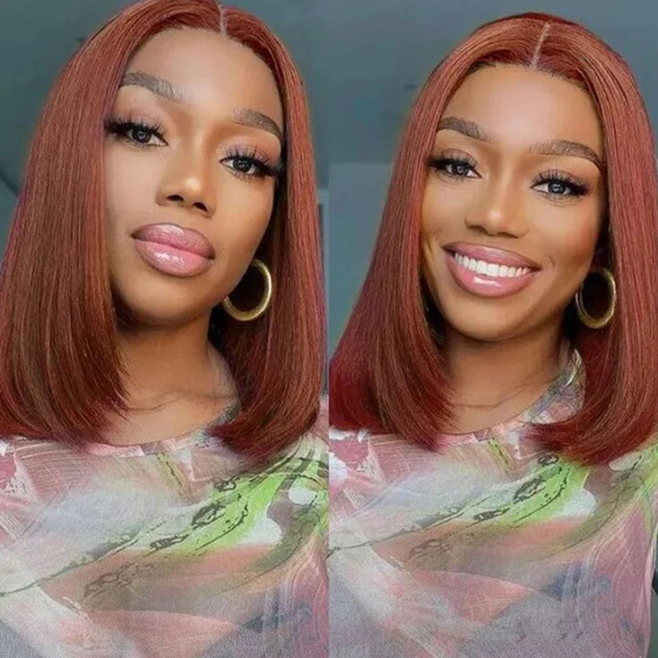 Peruvian Short Brown Color Bob Wig Straight Lace Front Human Hair Wigs For Women Reddish Brown #33 Lace Part Wig With Baby Hair