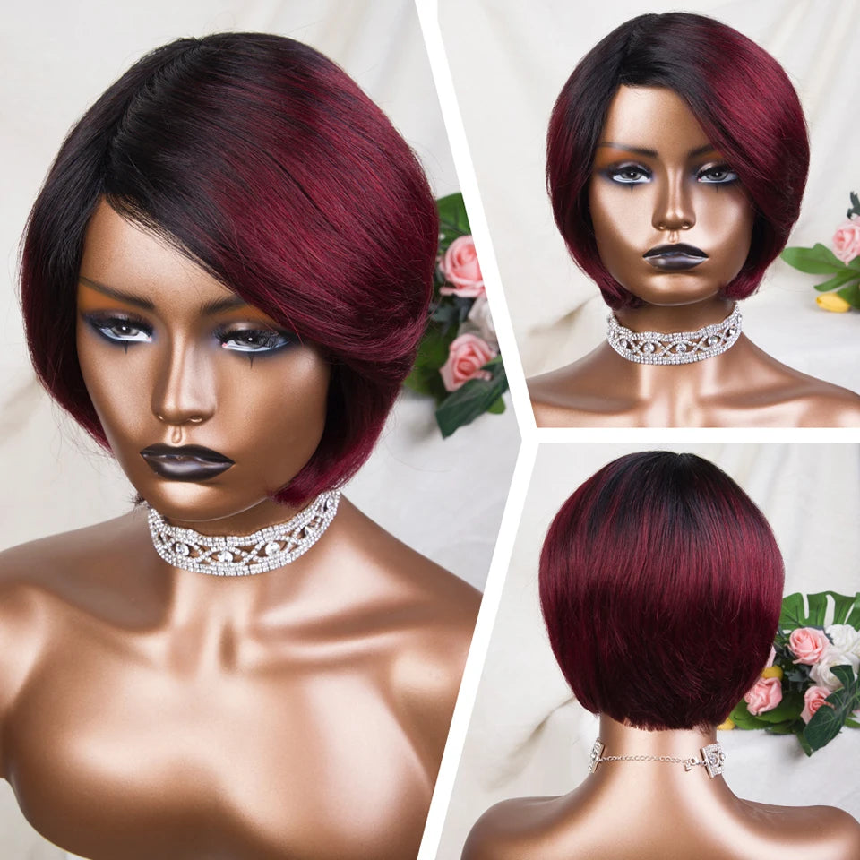 Sleek Burgundy Short Bob Wig With Bangs Side Part Bob Human Hair Wigs For Black Women Colored 99J Brown Brazilian Hair Wigs