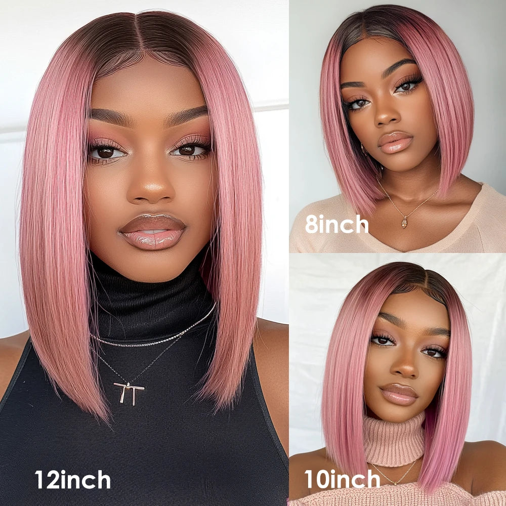 Sleek Ombre Pink Transparent Short T Lace Bob Human Hair Wigs Peruvian Straight 13x6x2 Lace Front Wig For Women Pre Plucked