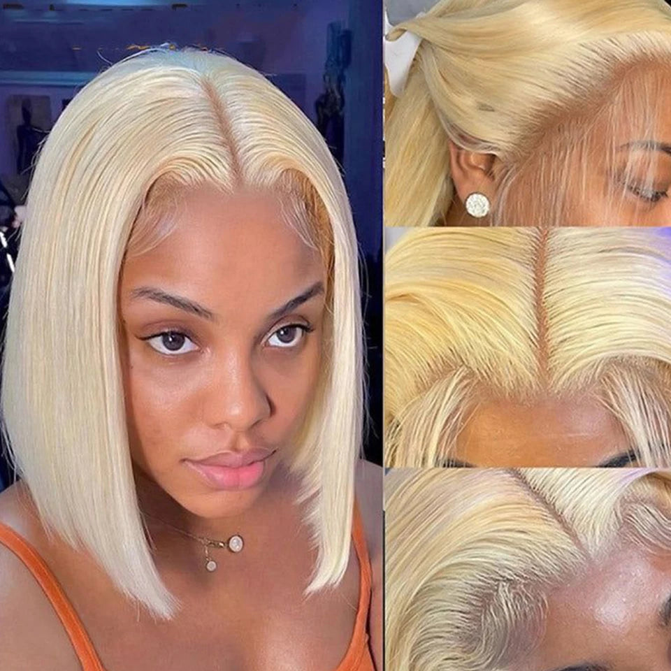 Straight Short Bob Lace Frontal Human Hair Wigs Ombre Blonde HD Transparent Brazilian Highlight 13x6x2 Lace Front Wig For Women