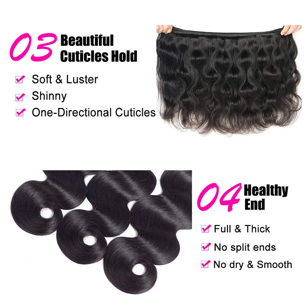 Vanlov Brazilian Body Wave Hair Bundles Human Hair Weave Bundles Natural Black/Jet Black 1/3/4 Piece 8-30” Remy Hair Extensions