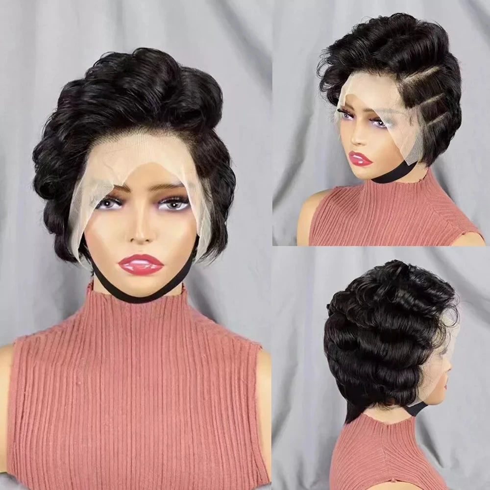13x4 Short Bob Wig Pixie Cut Curly 100% Human Hair Wig Lace Frontal Human Hair Wigs 180% Density Natural Color for Black Women
