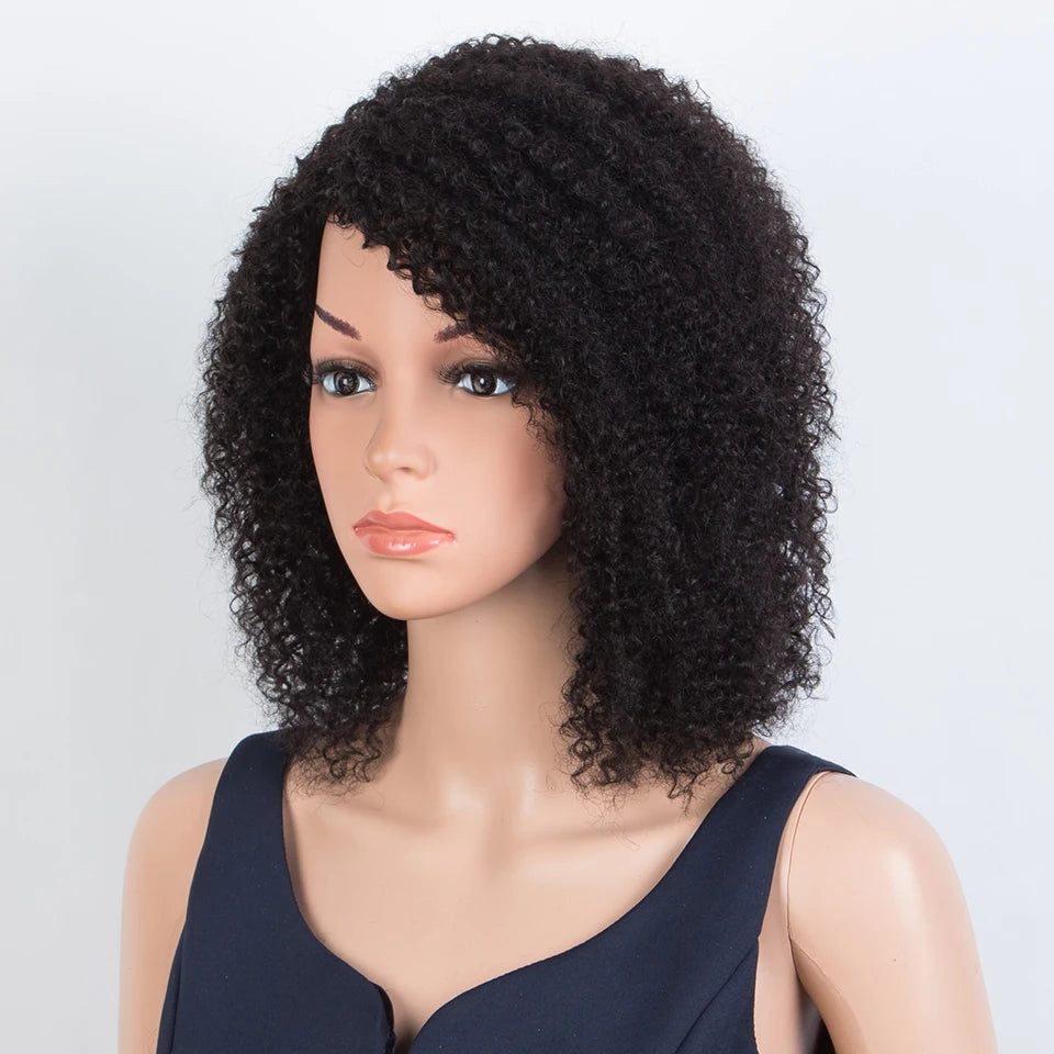 Sleek Peruvian Afro Kinky Curly Human Hair Wigs Human Hair Wig With Bangs Natural Black Jerry Curly Short Bob Wig For Women