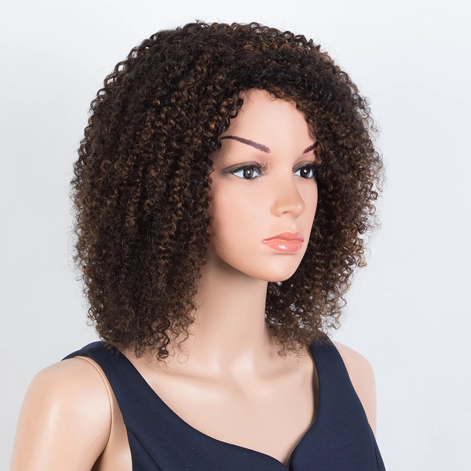 Sleek Peruvian Afro Kinky Curly Human Hair Wigs Human Hair Wig With Bangs Natural Black Jerry Curly Short Bob Wig For Women