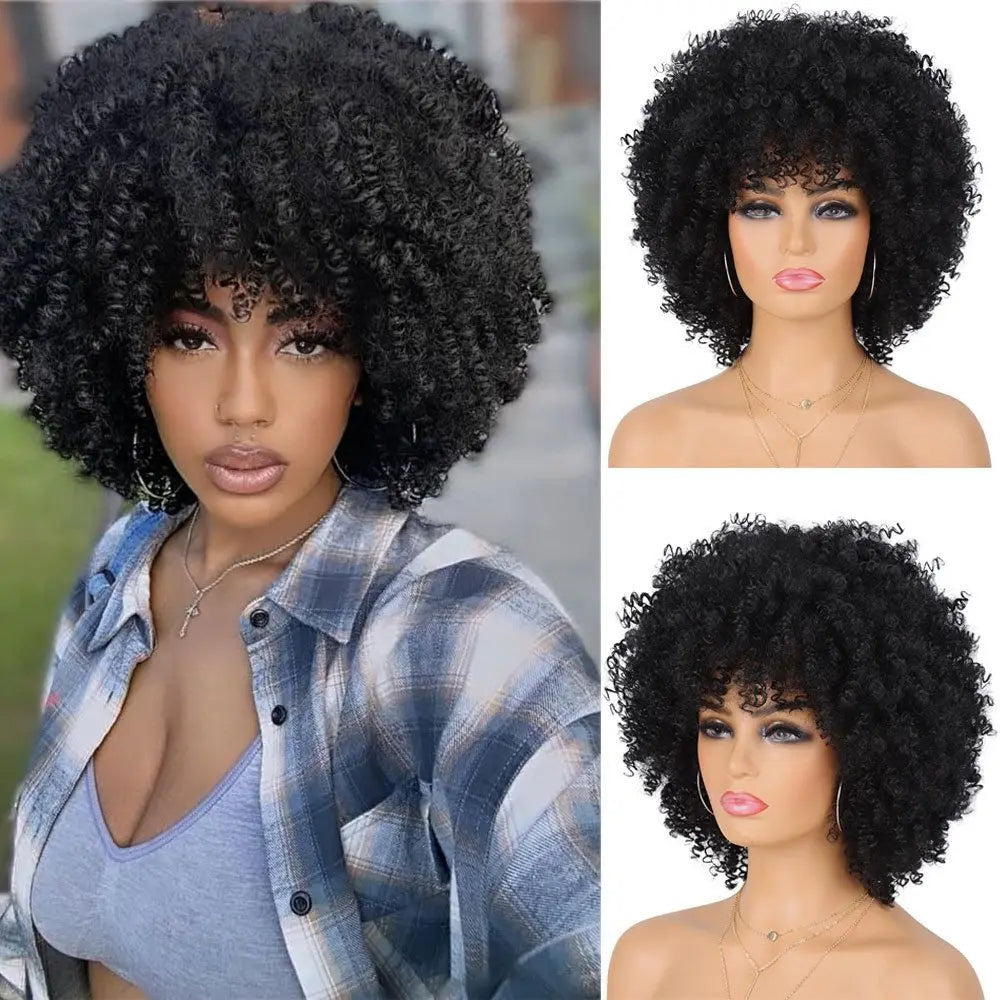 10Inch Short Curly Afro Wigs with Bangs Bomb Afro Kinky Curly Wig Synthetic Fiber Full Wig Natural Looking for Women Christmas