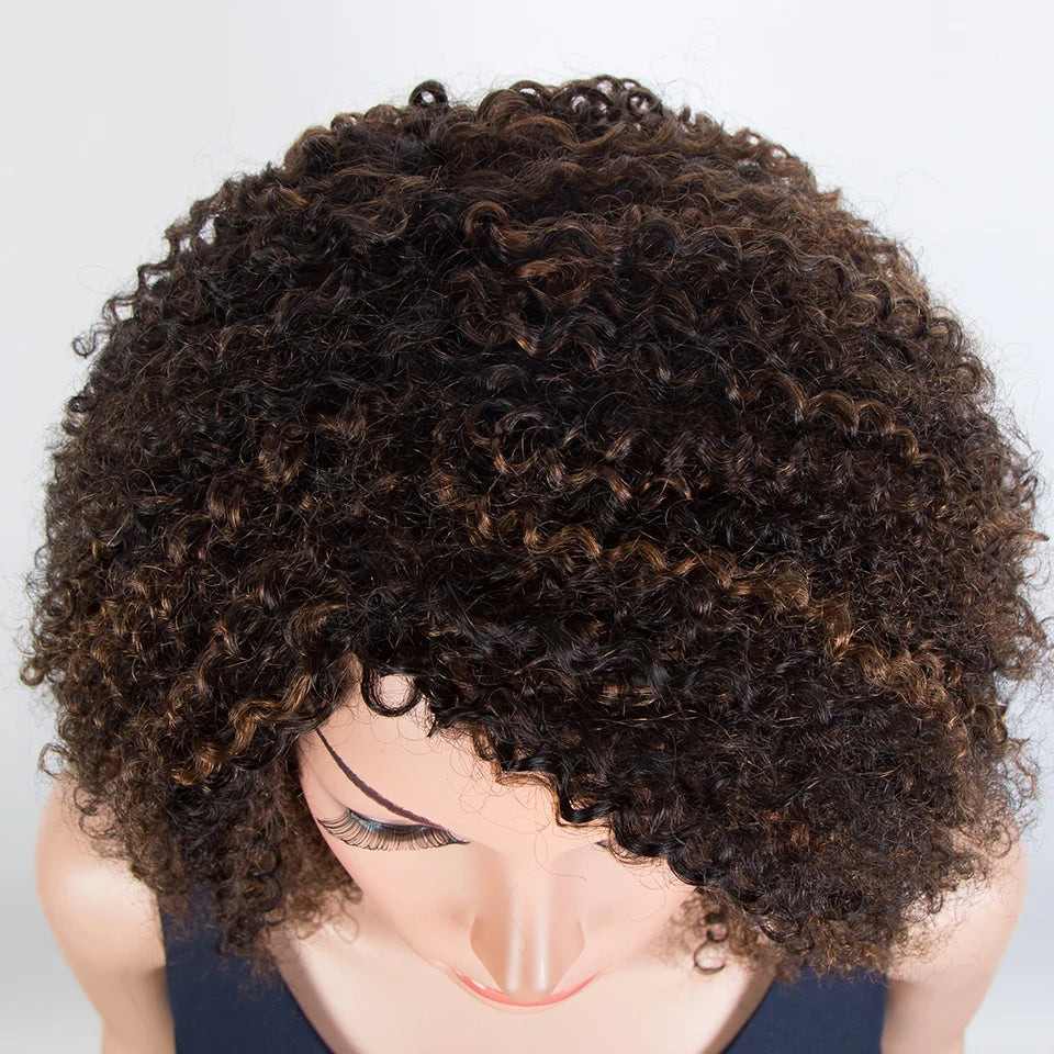 Sleek Peruvian Afro Kinky Curly Human Hair Wigs Human Hair Wig With Bangs Natural Black Jerry Curly Short Bob Wig For Women