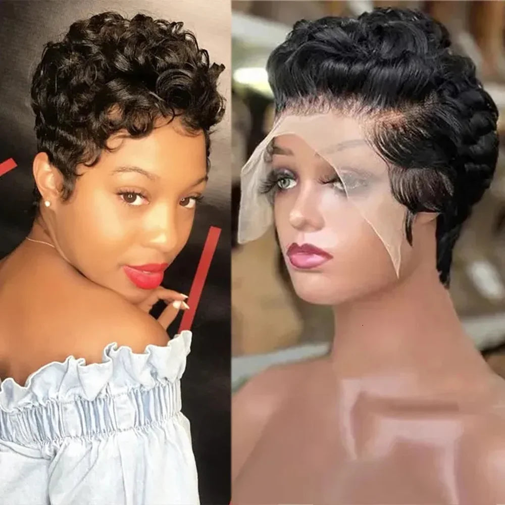 13x4 Short Bob Wig Pixie Cut Curly 100% Human Hair Wig Lace Frontal Human Hair Wigs 180% Density Natural Color for Black Women