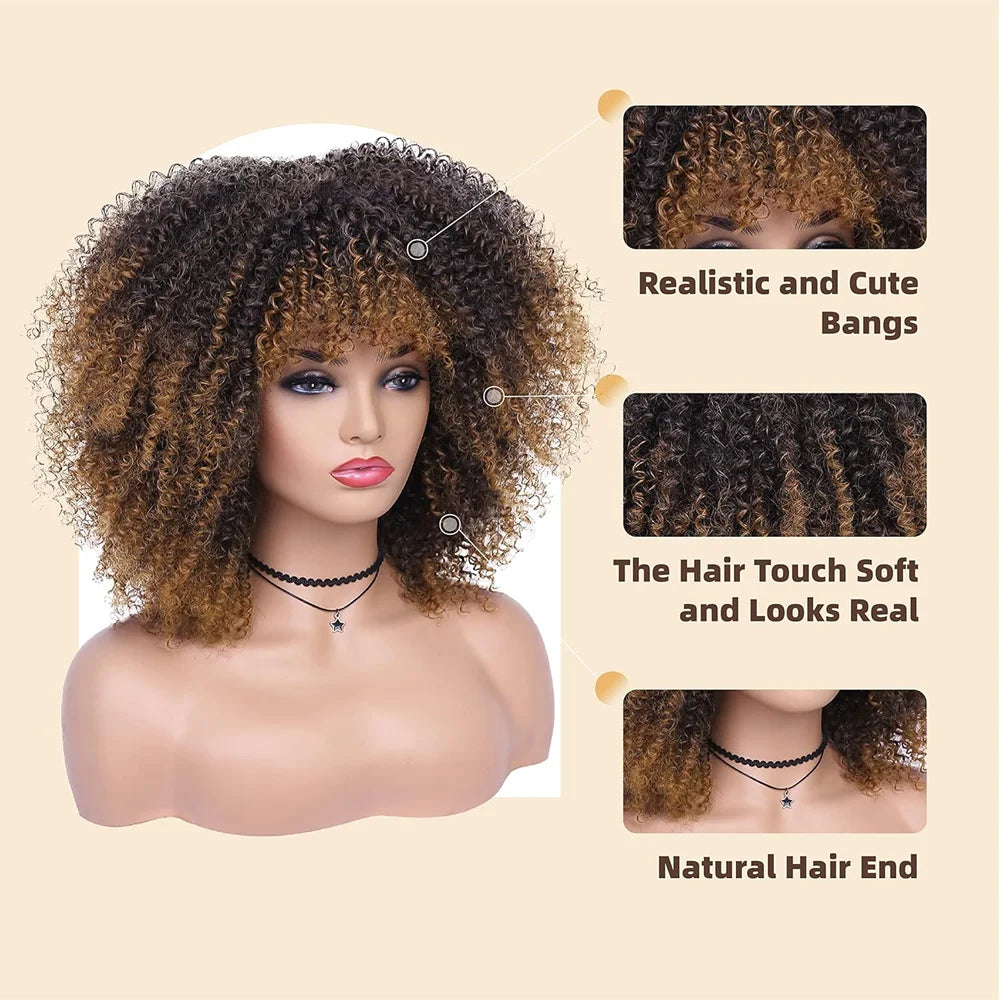 Afro Curly Wigs for Black Women Kinky Curly Wig with Bangs Short Curly Bob 16 Inch Black Brown Natural Looking Synthetic Hair