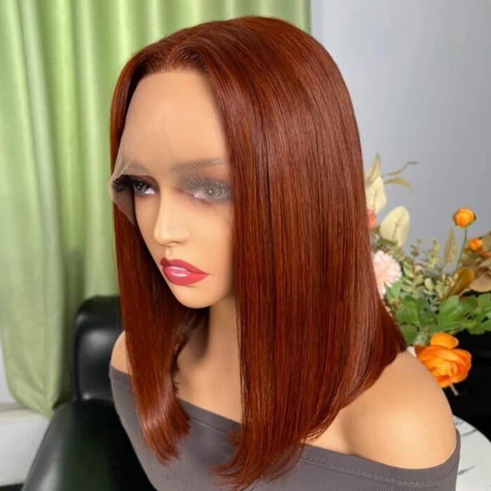 Peruvian Short Brown Color Bob Wig Straight Lace Front Human Hair Wigs For Women Reddish Brown #33 Lace Part Wig With Baby Hair