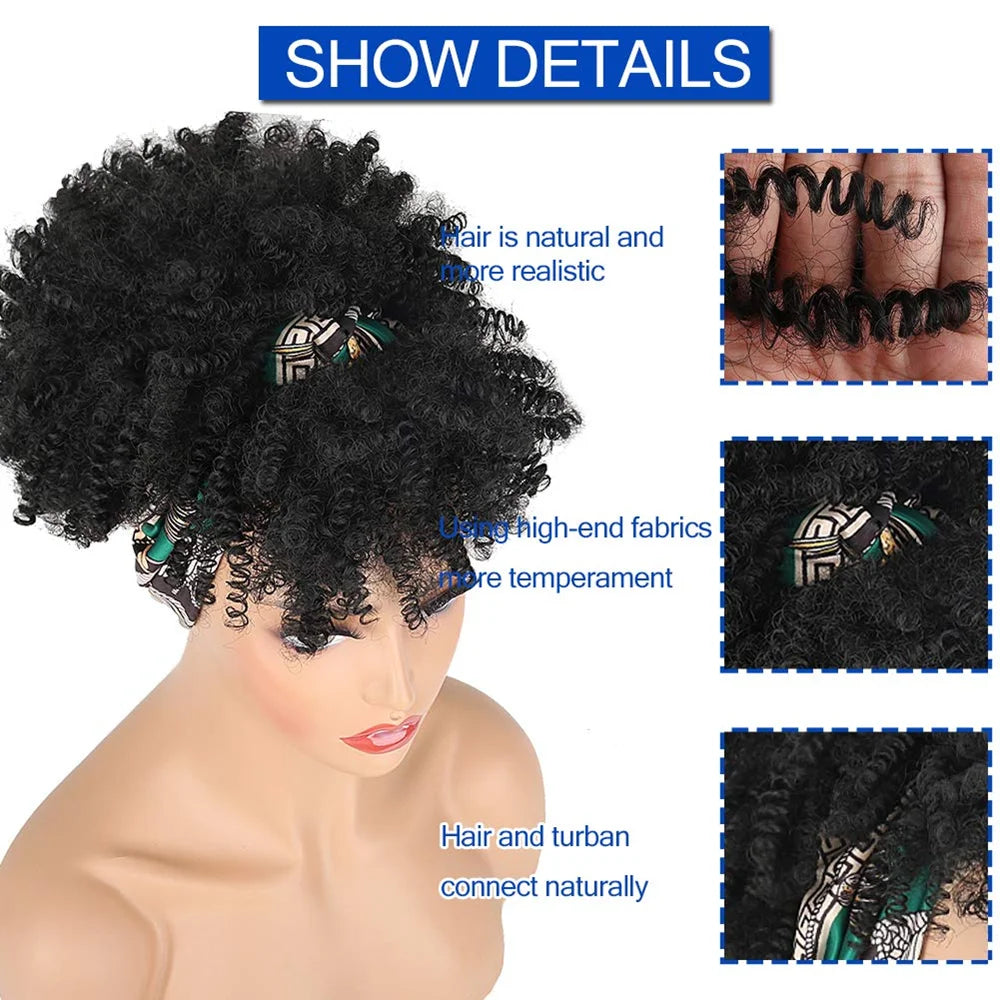 Short Afro Curly Wigs with Bangs Wrap Headband Wigs 2 in 1 Synthetic Turban Wig Afro Scarf Wig 4inch Natural Curly Cosplay Wig