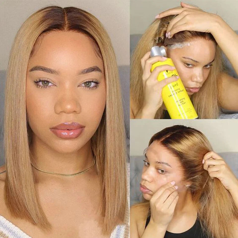 Straight Short Bob Lace Frontal Human Hair Wigs Ombre Blonde HD Transparent Brazilian Highlight 13x6x2 Lace Front Wig For Women