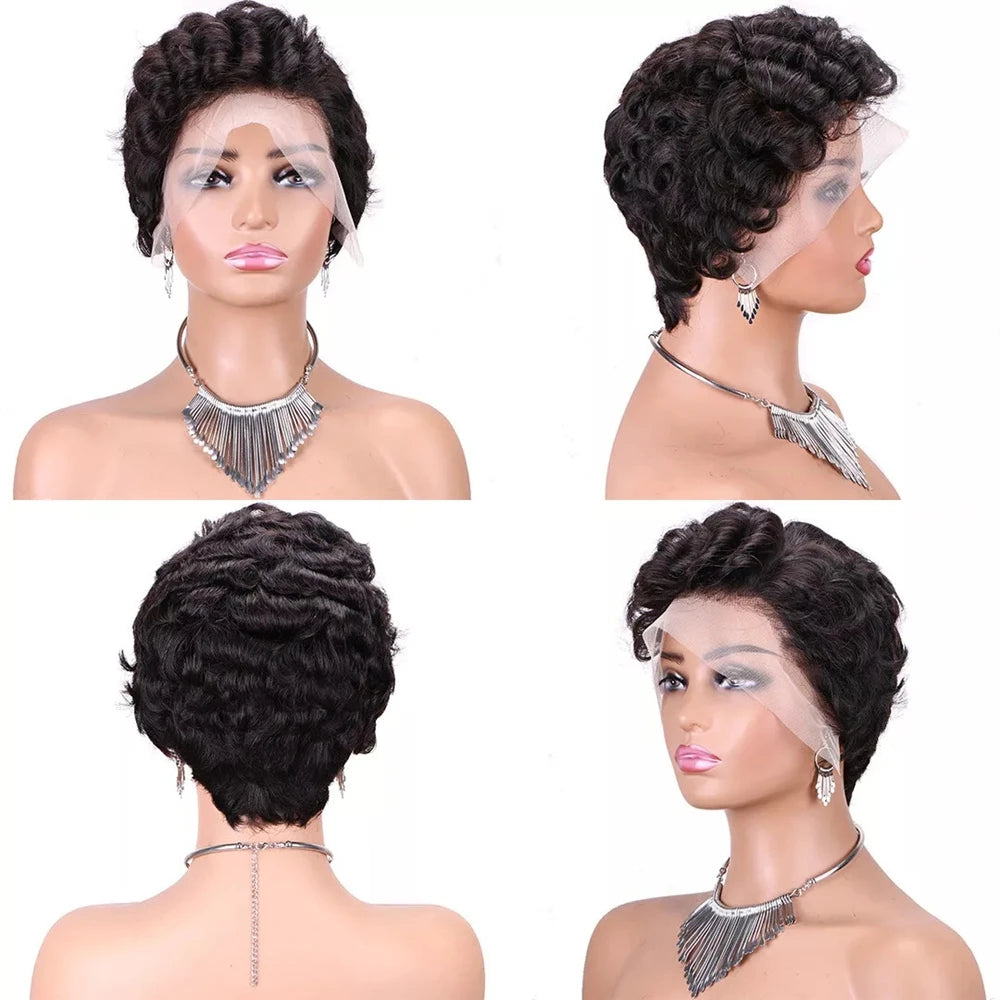 13x4 Short Bob Wig Pixie Cut Curly 100% Human Hair Wig Lace Frontal Human Hair Wigs 180% Density Natural Color for Black Women