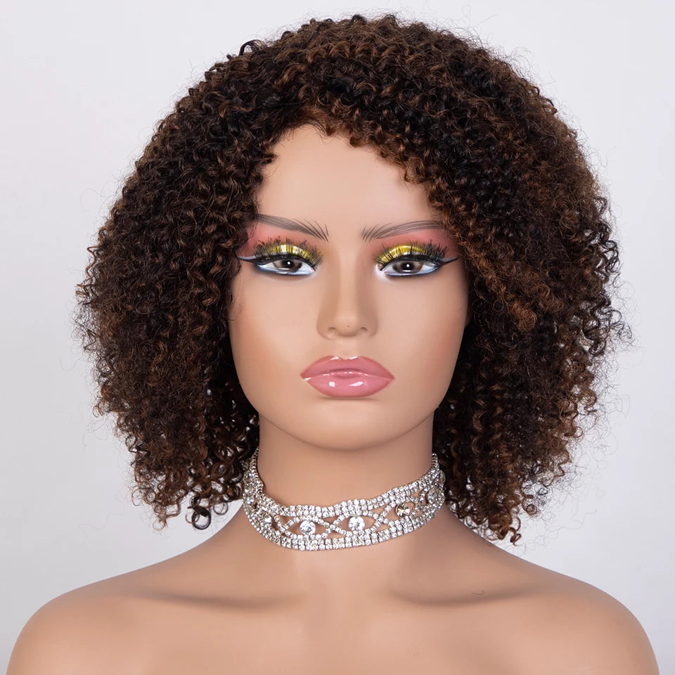 Sleek Afro Kinky Curly Human Hair Wigs Ombre Highlight Human Hair Wig With Bangs Colored Brazilian 4a Curly Bob Wig For Women