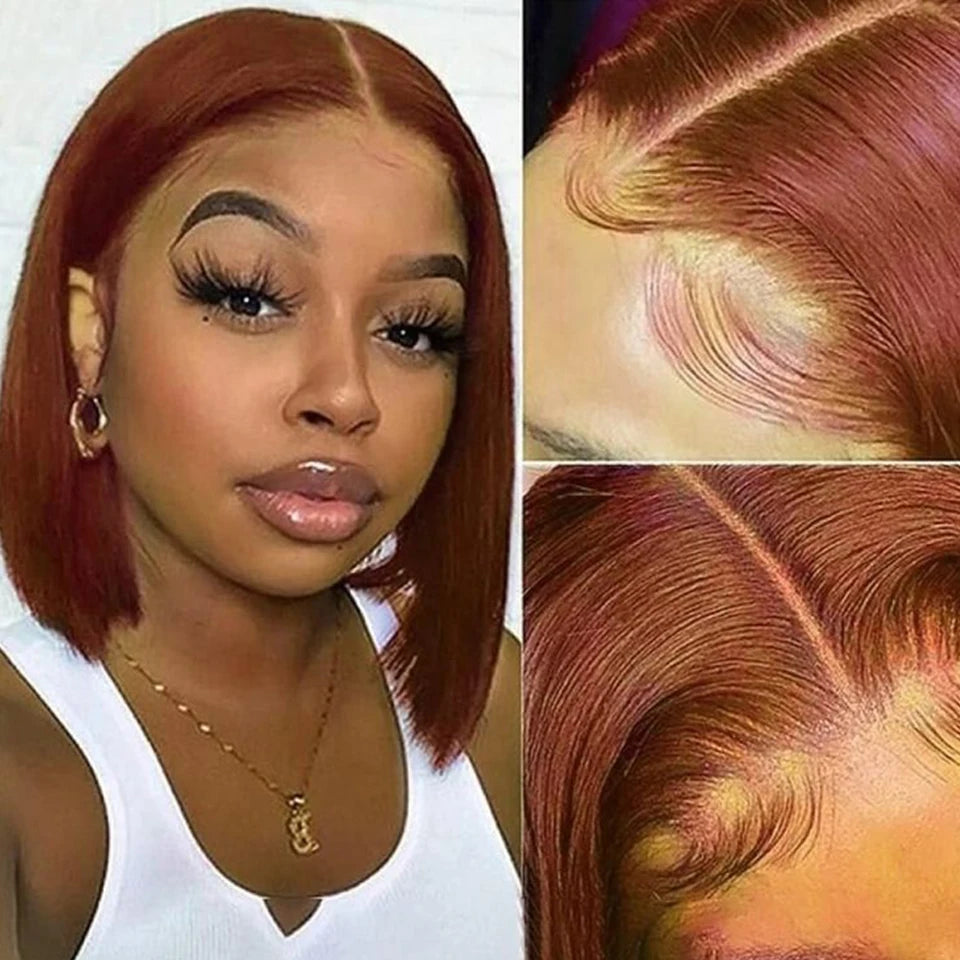 Peruvian Short Brown Color Bob Wig Straight Lace Front Human Hair Wigs For Women Reddish Brown #33 Lace Part Wig With Baby Hair