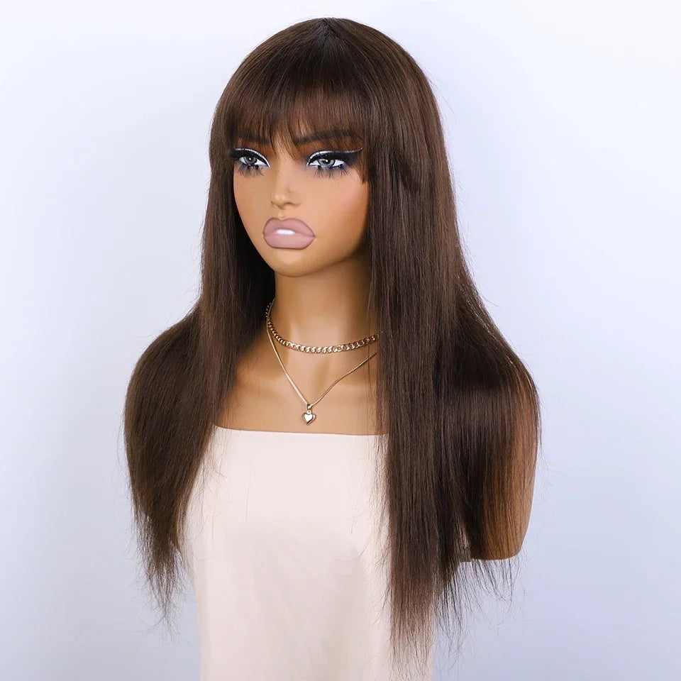 Sleek Natural Brown Long Straight 100% Human Hair Wig With Bangs For Women Brazilian Remy Hair Full Machine Made Daily Wigs