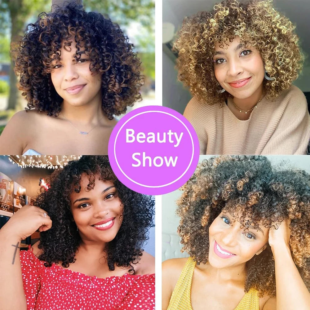 Afro Curly Wigs for Black Women Kinky Curly Wig with Bangs Short Curly Bob 16 Inch Black Brown Natural Looking Synthetic Hair