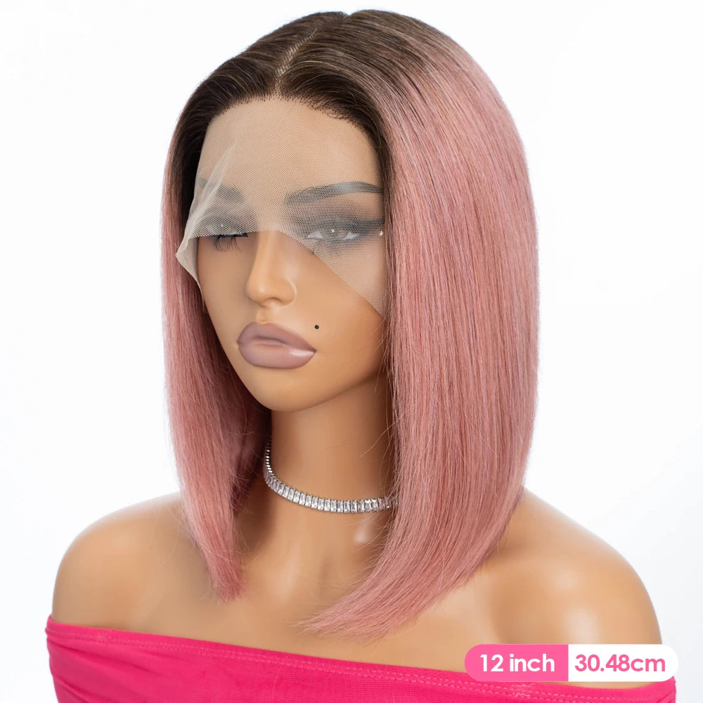 Sleek Ombre Pink Transparent Short T Lace Bob Human Hair Wigs Peruvian Straight 13x6x2 Lace Front Wig For Women Pre Plucked