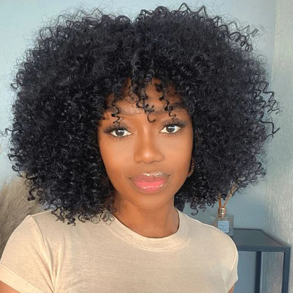 Short Afro Kinky Curly Wig With Bangs Peruvian Highlight Brown Glueless Full Machine Wig 250 Density For Black Women Human Hair