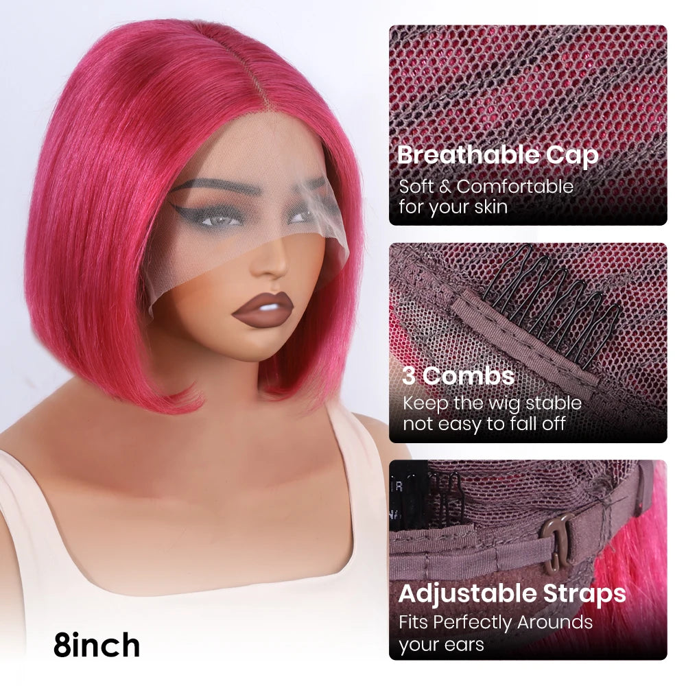 Sleek Ombre Pink Transparent Short T Lace Bob Human Hair Wigs Peruvian Straight 13x6x2 Lace Front Wig For Women Pre Plucked