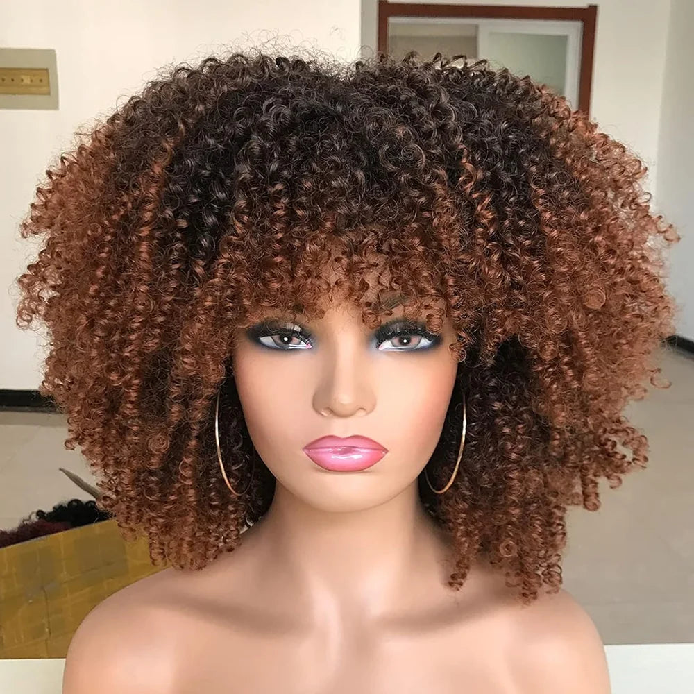 10Inch Short Curly Afro Wigs with Bangs Bomb Afro Kinky Curly Wig Synthetic Fiber Full Wig Natural Looking for Women Christmas