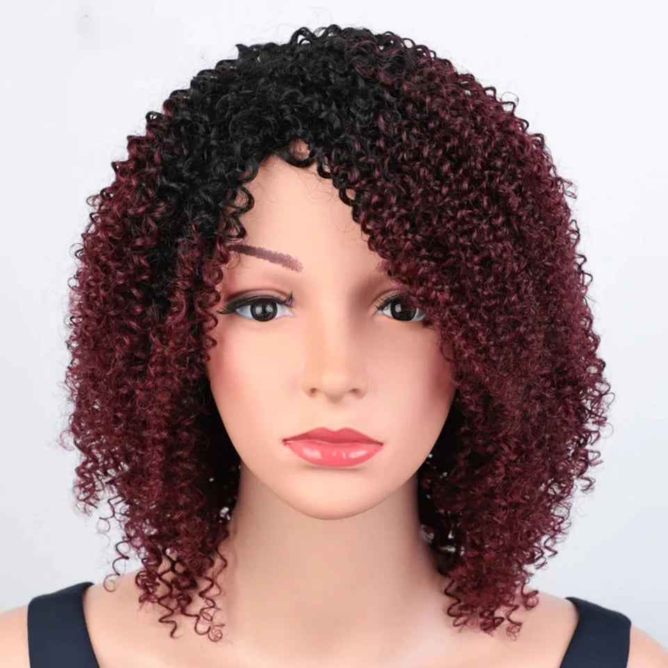Sleek Peruvian Afro Kinky Curly Human Hair Wigs Human Hair Wig With Bangs Natural Black Jerry Curly Short Bob Wig For Women