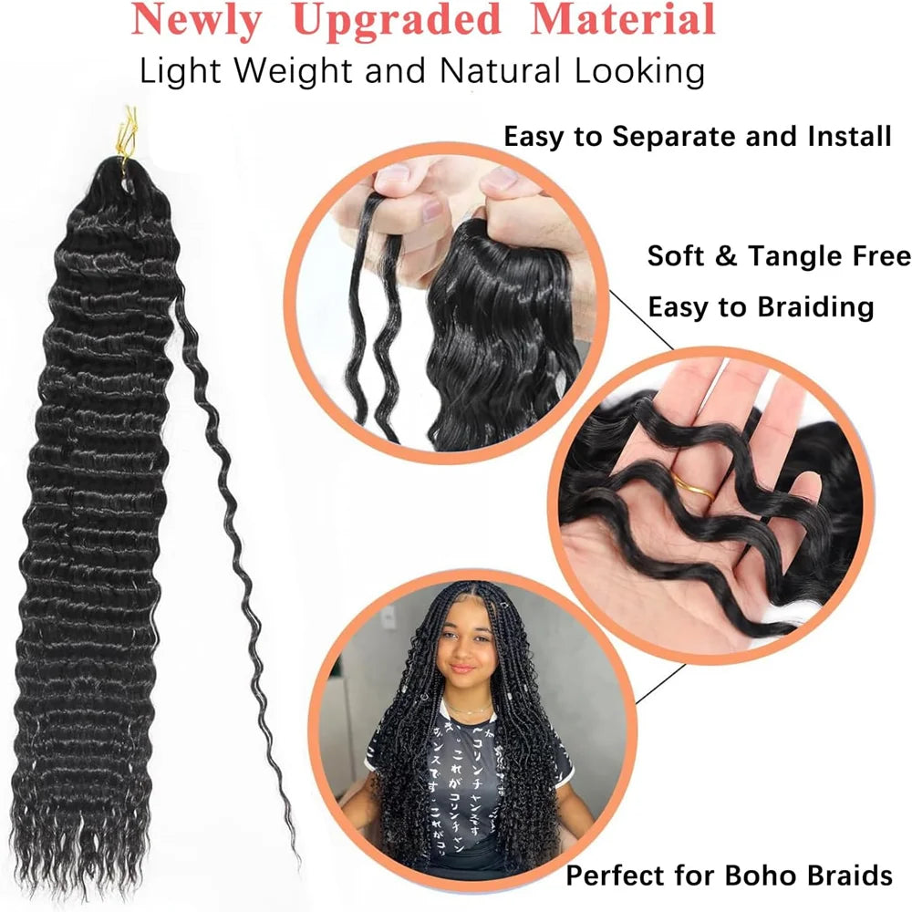 30 inch Long Black Deep Wave Curly Braiding Hair 1/2/3packs Synthetic Ocean Wave Crochet Hair Soft Curly Crochet Hair For Women
