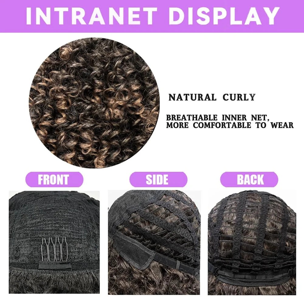 Afro Curly Wigs for Black Women Kinky Curly Wig with Bangs Short Curly Bob 16 Inch Black Brown Natural Looking Synthetic Hair
