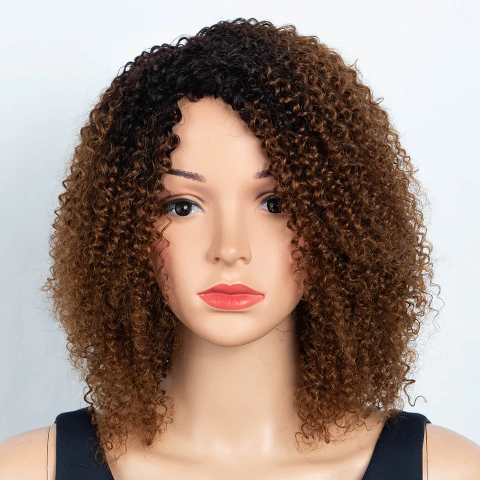 Sleek Peruvian Afro Kinky Curly Human Hair Wigs Human Hair Wig With Bangs Natural Black Jerry Curly Short Bob Wig For Women