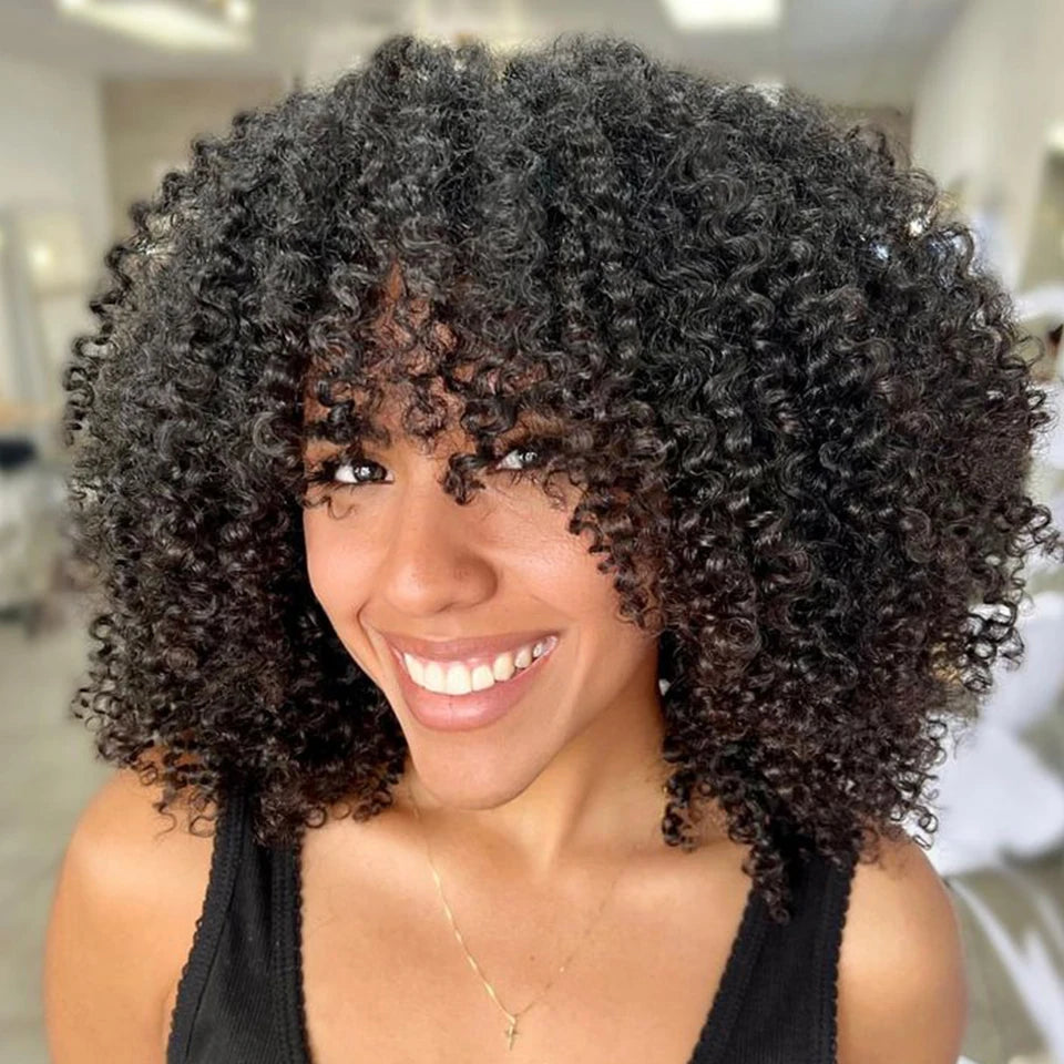 Short Afro Kinky Curly Wig With Bangs Peruvian Highlight Brown Glueless Full Machine Wig 250 Density For Black Women Human Hair
