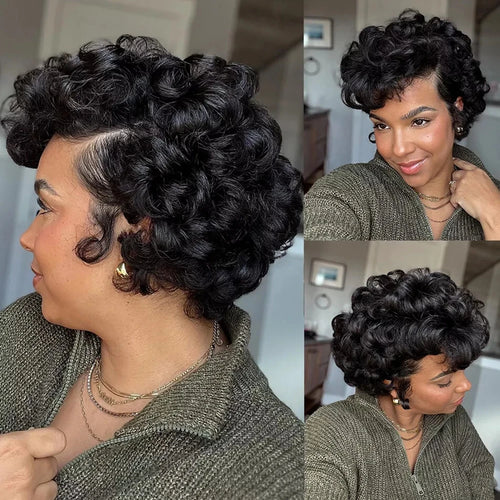 13x4 Short Bob Wig Pixie Cut Curly 100% Human Hair Wig Lace Frontal Human Hair Wigs 180% Density Natural Color for Black Women