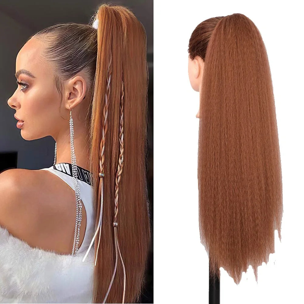 Synthetic Yaki Straight Drawstring Ponytail 26 Inches Drawstring Pony Tail Kinky Straight Ponytail Hair Extension for Women